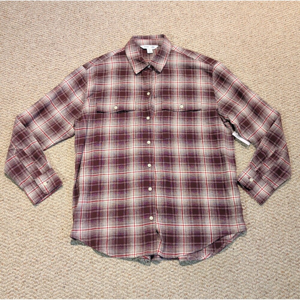 Old Navy The Boyfriend Shirt Button Down Womens Medium Plaid Maroon Red